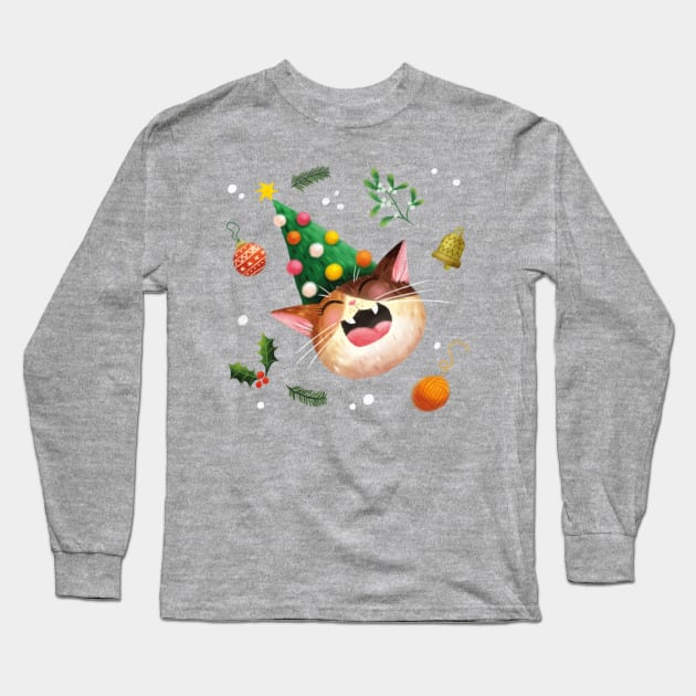 Laughing Christmas Cat Long Sleeve T-Shirt by Geeksarecool